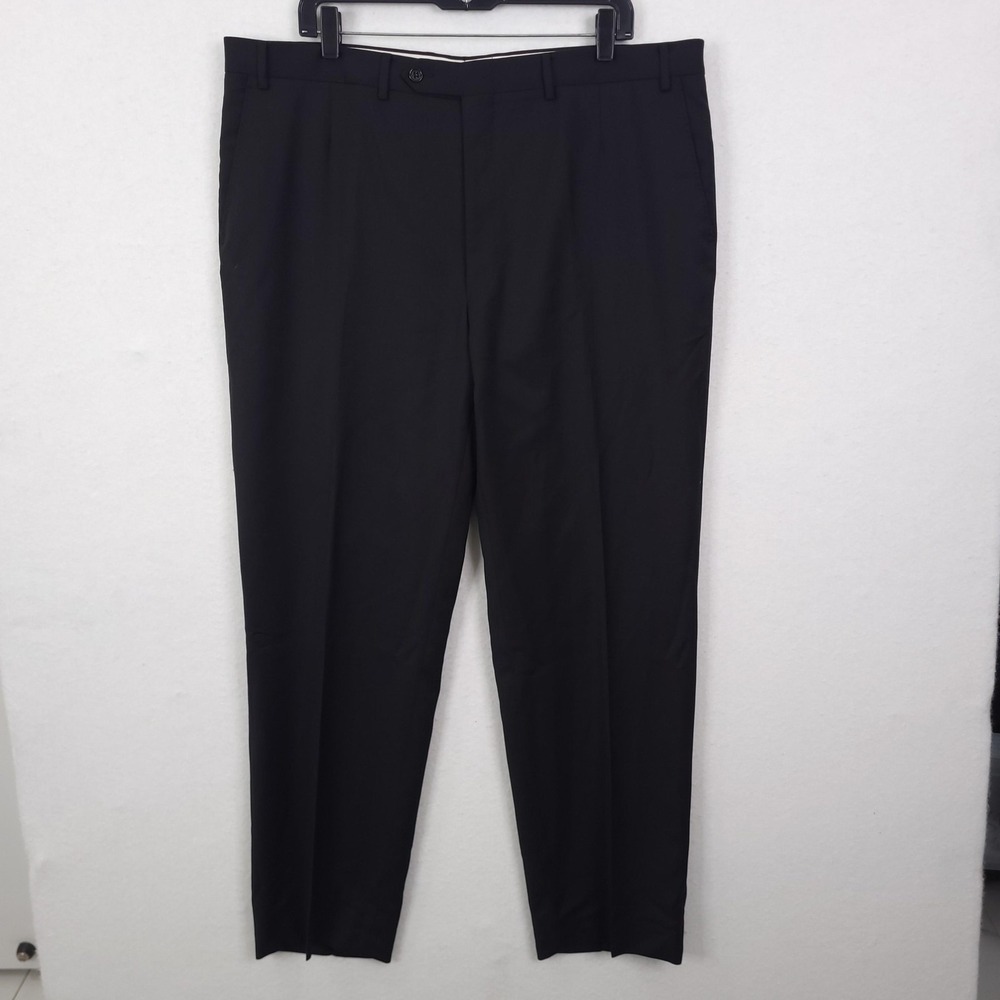 Mens Dress Pants 40x31 Black Wool Flat Front Tapered Made Italy Formal Business